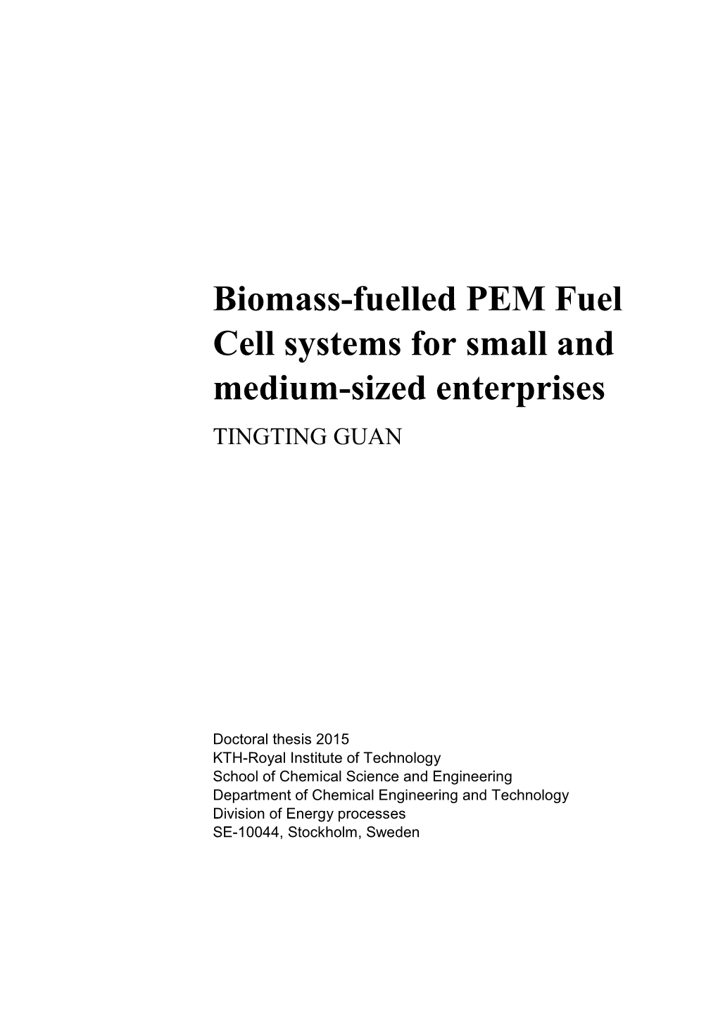 Biomass-Fuelled PEM Fuel Cell Systems for Small and Medium-Sized Enterprises TINGTING GUAN