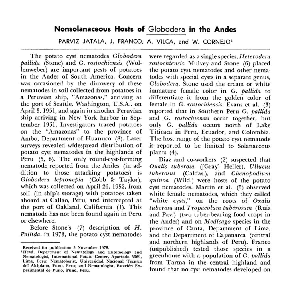 Nonsolanaceous Hosts of Globodera in the Andes PARVIZ JATALA, J