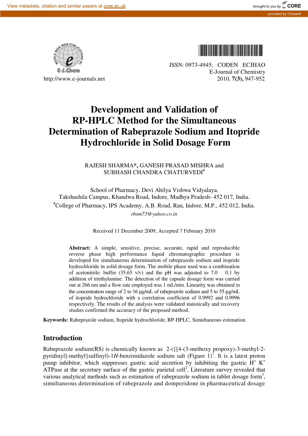 Development and Validation of RP-HPLC Method for the Simultaneous Determination of Rabeprazole Sodium and Itopride Hydrochloride in Solid Dosage Form