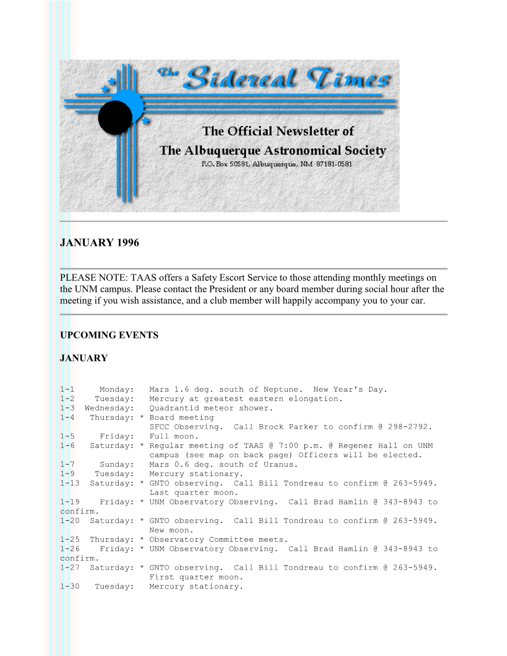 January 1996 Sidereal Times