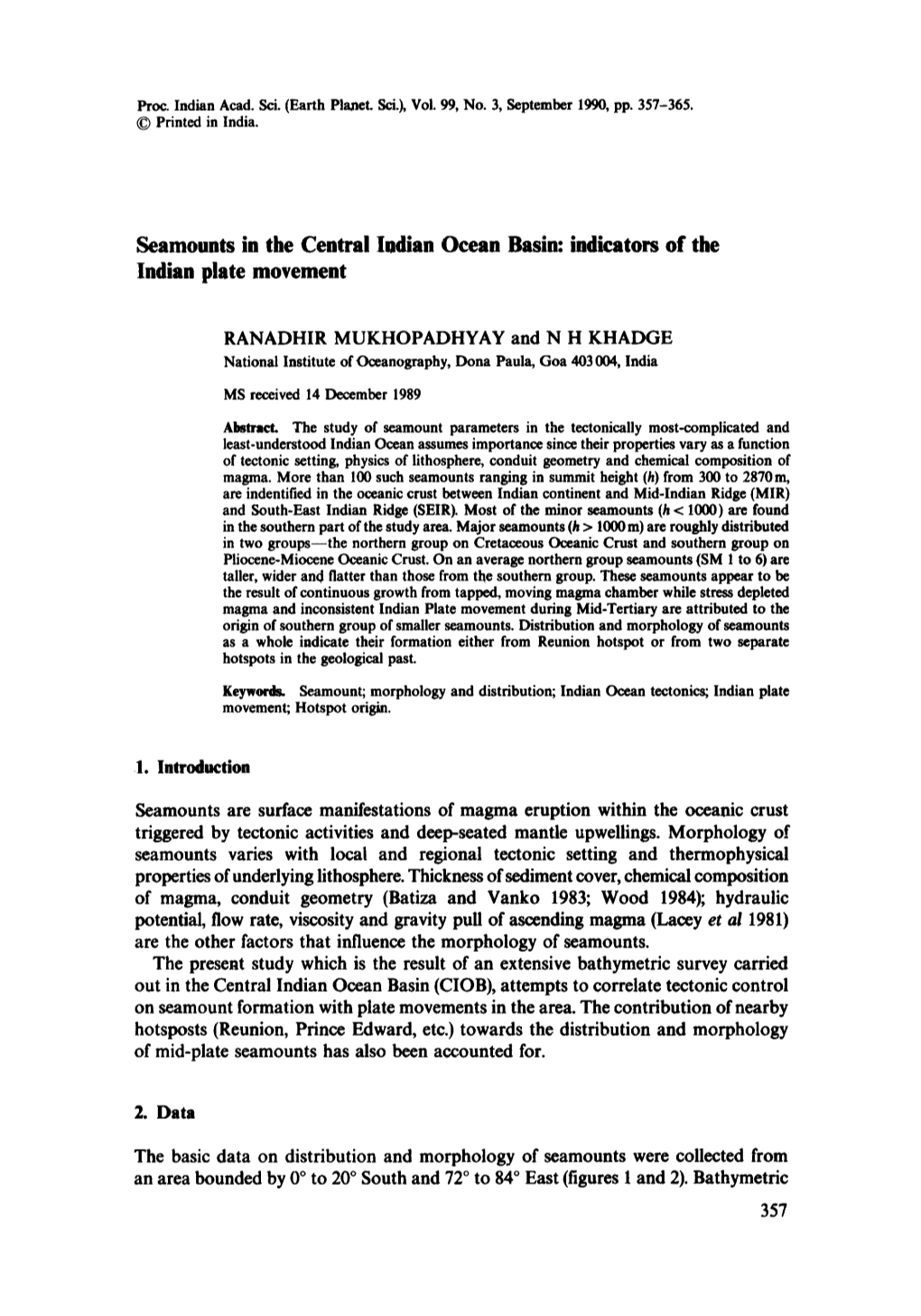 Seamounts in the Central Indian Ocean Basin: Indicators of the Indian Plate Movement