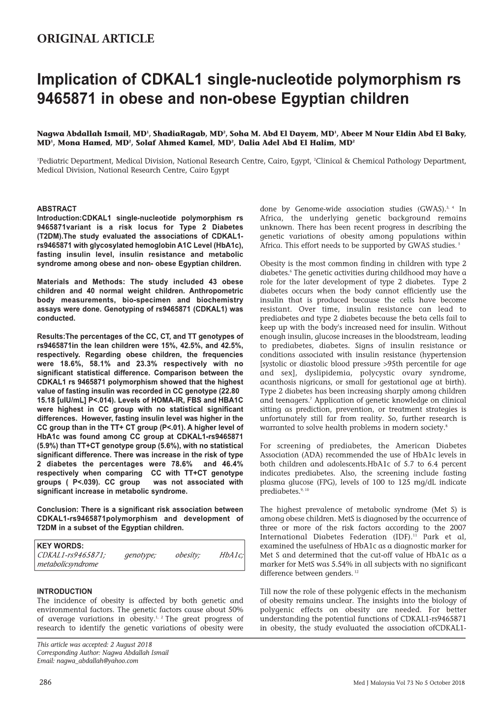 Implication of CDKAL1 Single-Nucleotide Polymorphism Rs 9465871 in Obese and Non-Obese Egyptian Children