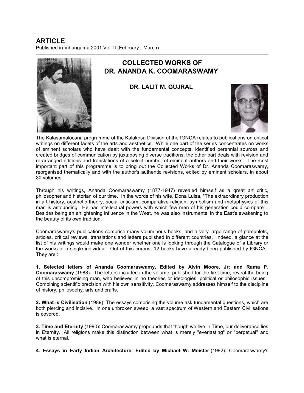 Article Collected Works of Dr. Ananda K. Coomaraswamy