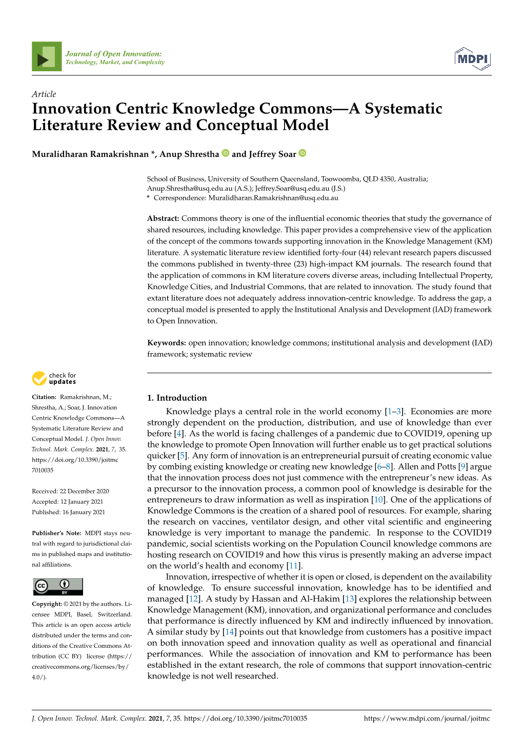 Innovation Centric Knowledge Commons—A Systematic Literature Review and Conceptual Model