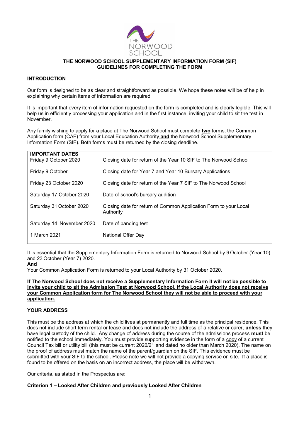 The Norwood School Supplementary Information Form (Sif) Guidelines for Completing the Form