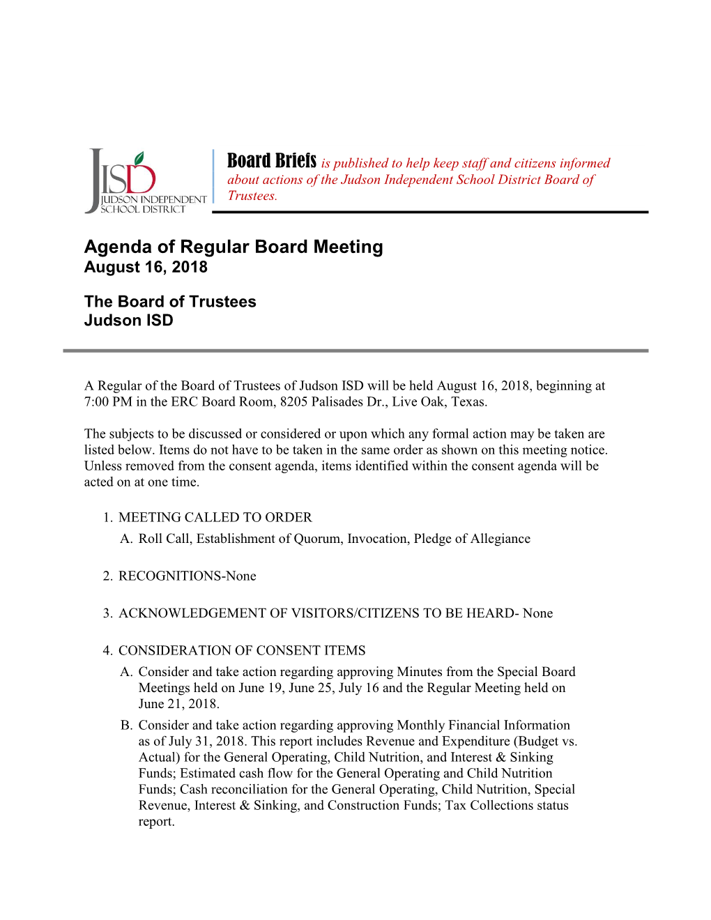 Agenda of Regular Board Meeting August 16, 2018