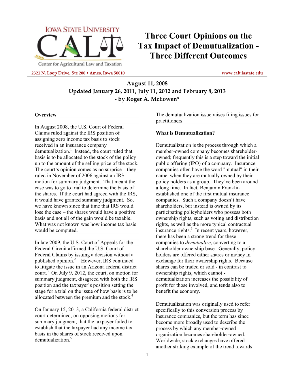 Three Court Opinions on the Tax Impact of Demutualization - Three Different Outcomes