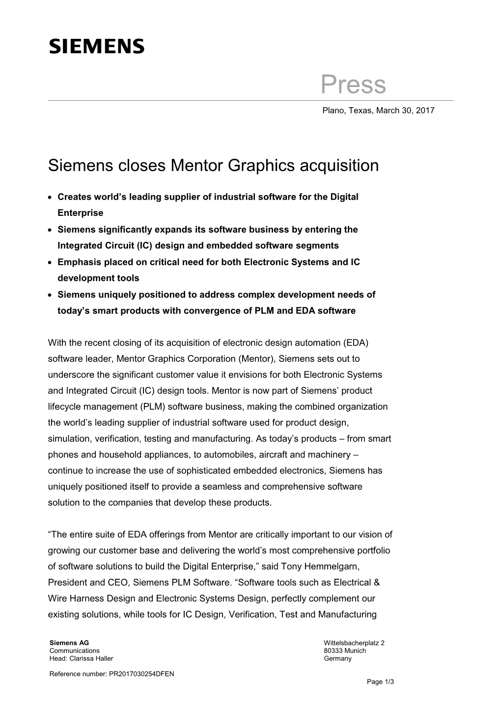 Press Relaease: Siemens Closes Mentor Graphics Acquisition