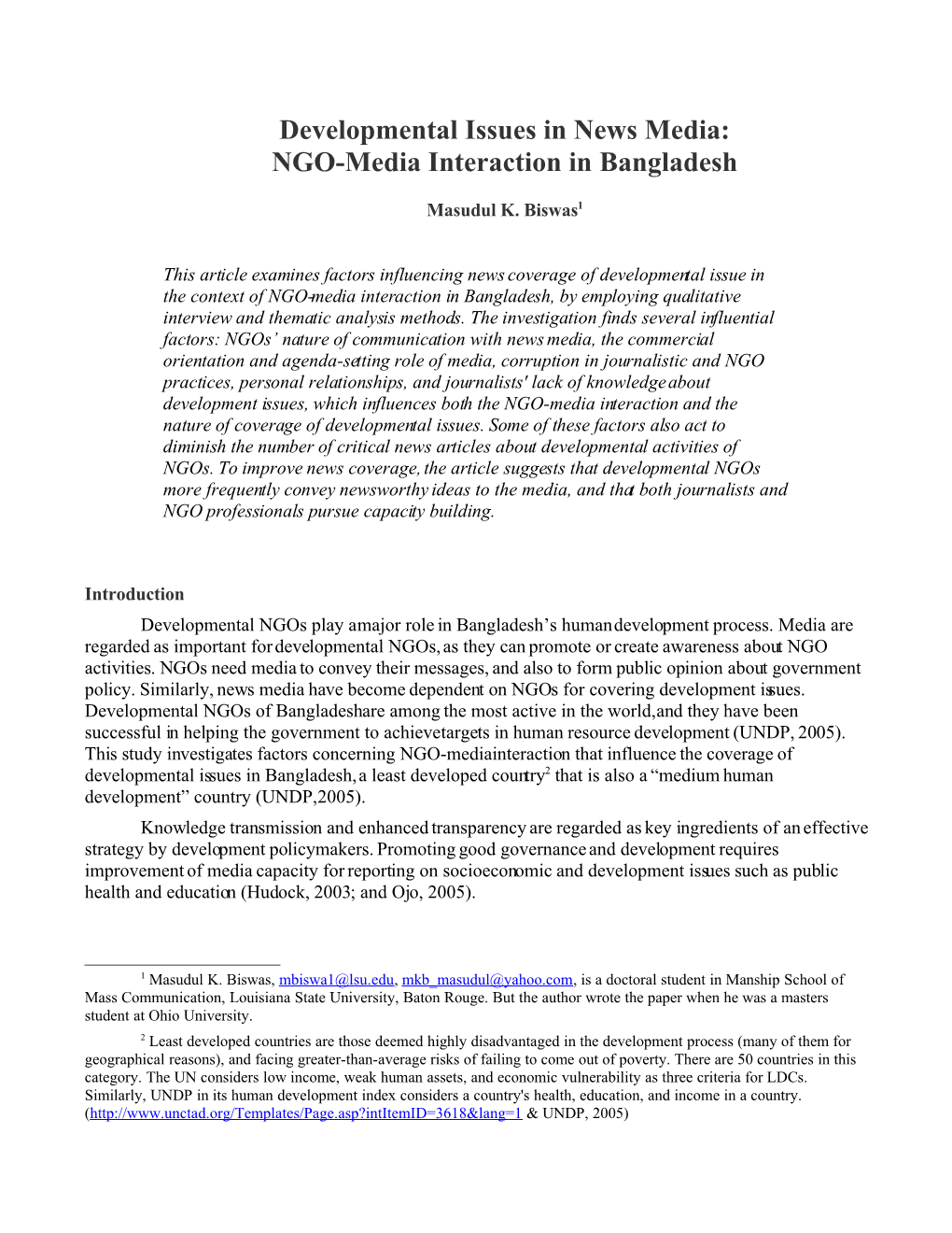 Developmental Issues in News Media: NGO-Media Interaction in Bangladesh