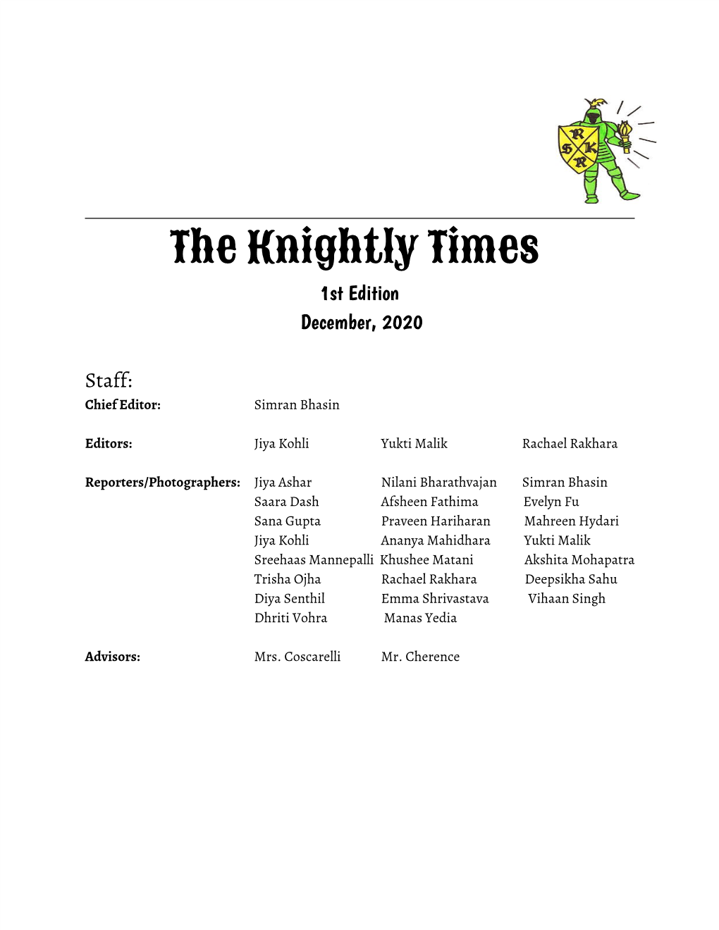 The Knightly Times 1St Edition December, 2020