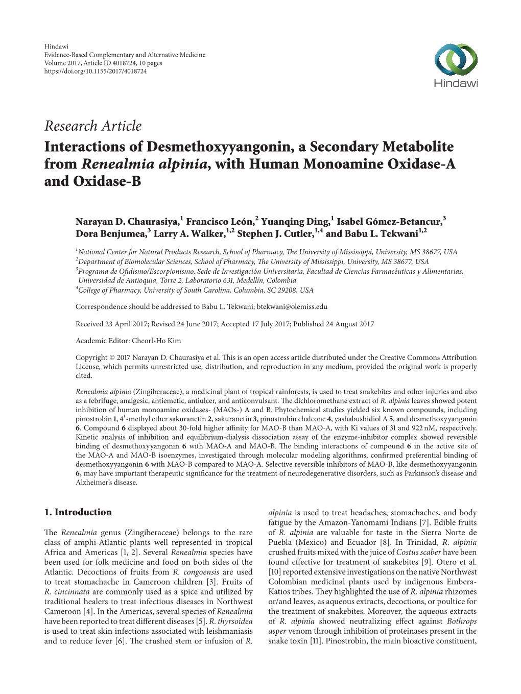 Interactions of Desmethoxyyangonin, a Secondary Metabolite from Renealmia Alpinia, with Human Monoamine Oxidase-A and Oxidase-B