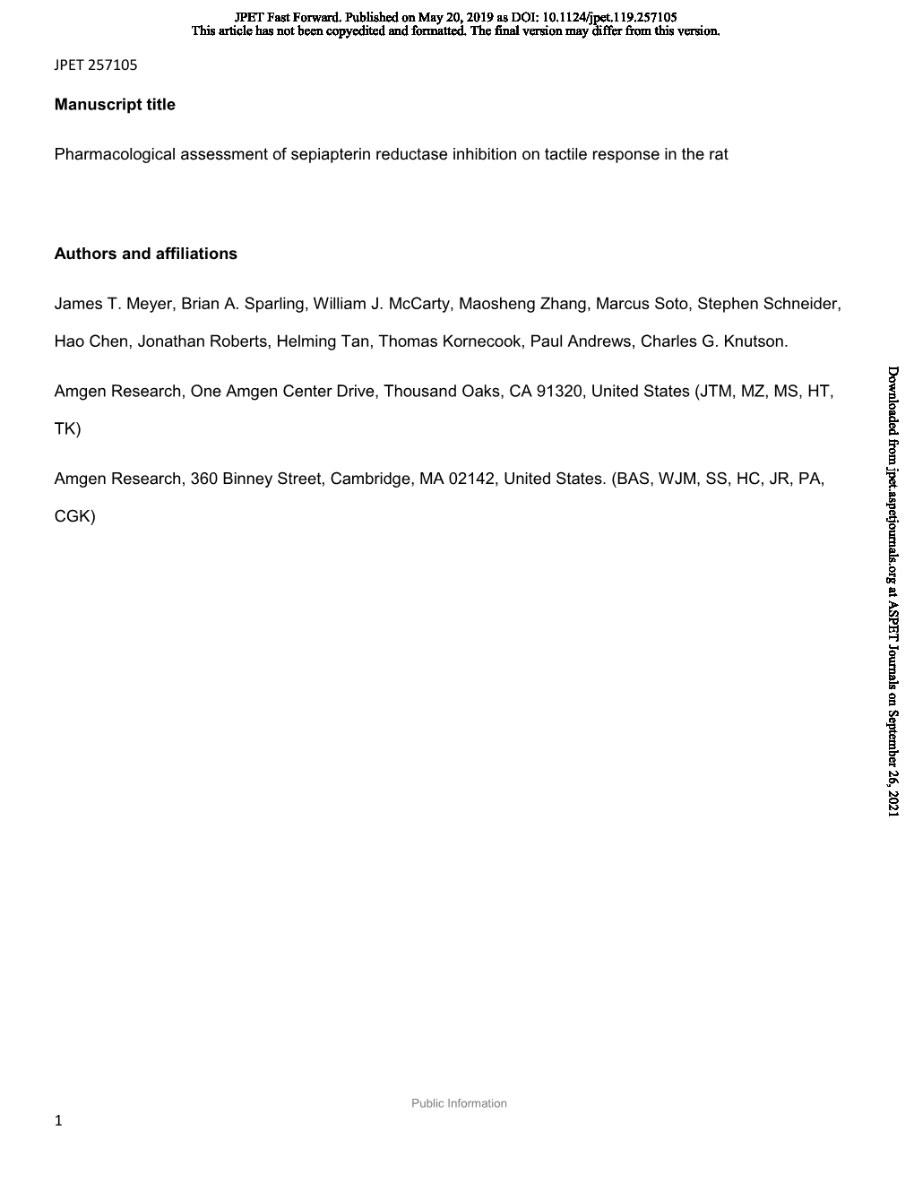 Pharmacological Assessment of Sepiapterin Reductase Inhibition on Tactile Response in the Rat