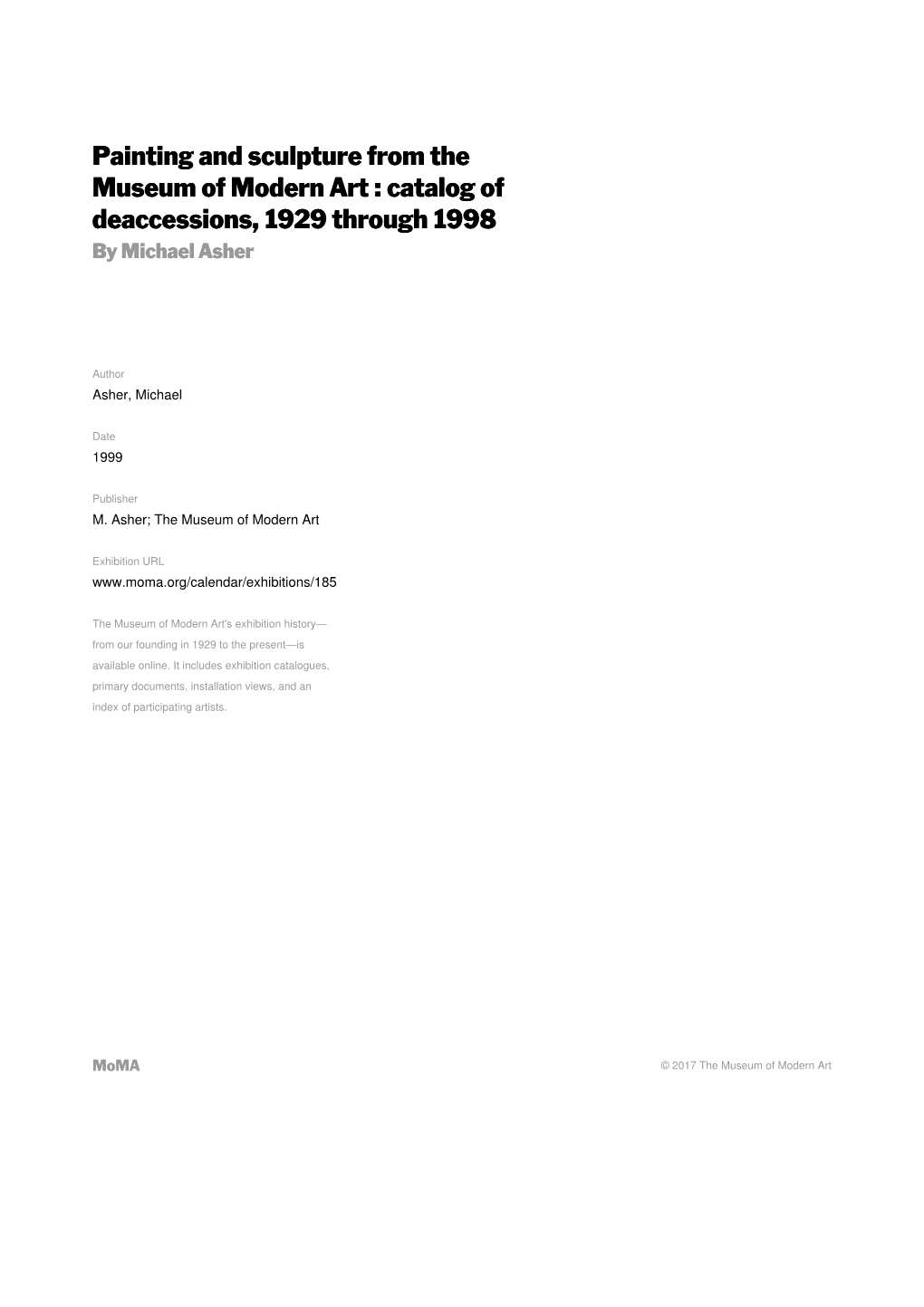 Painting and Sculpture from the Museum of Modern Art : Catalog of Deaccessions, 1929 Through 1998 by Michael Asher