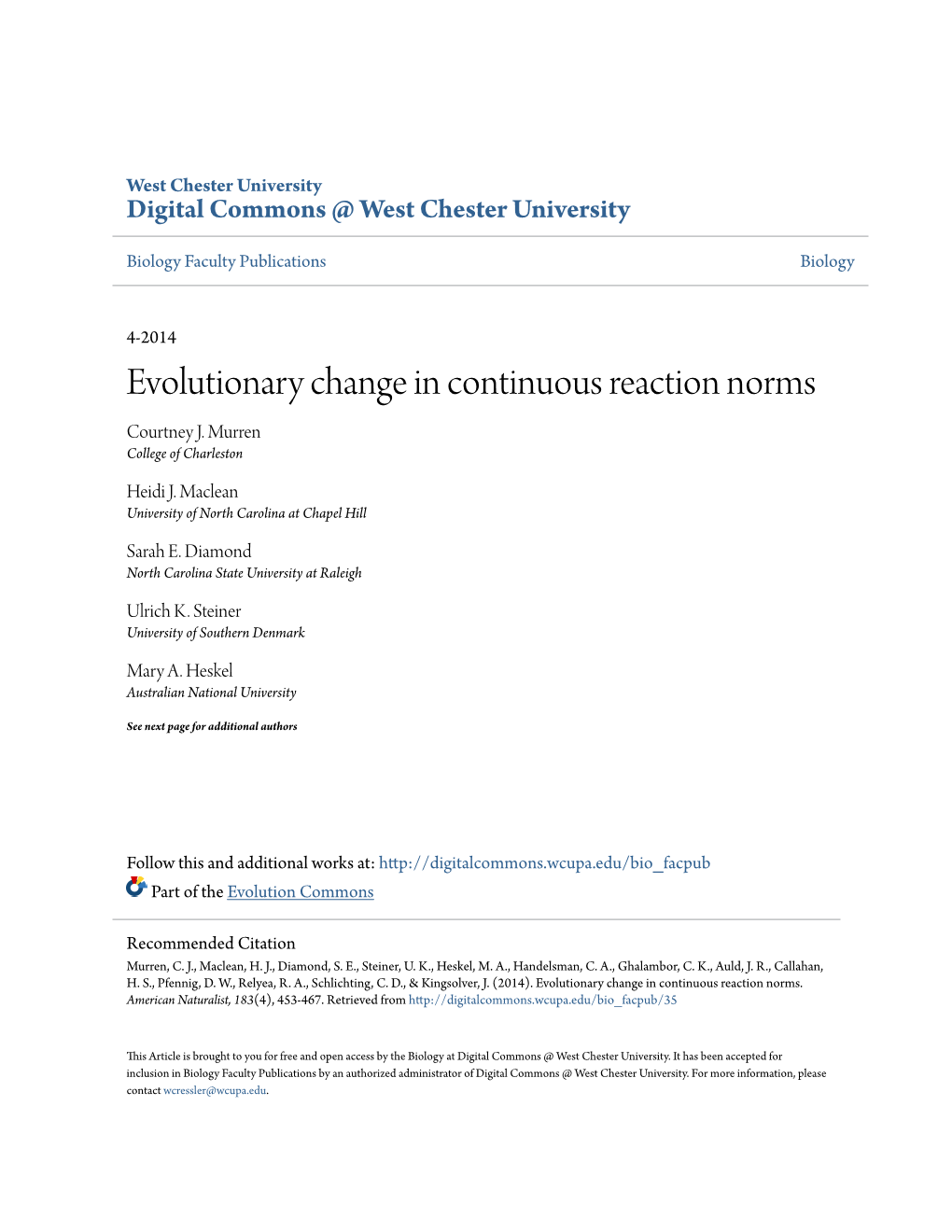 Evolutionary Change in Continuous Reaction Norms Courtney J