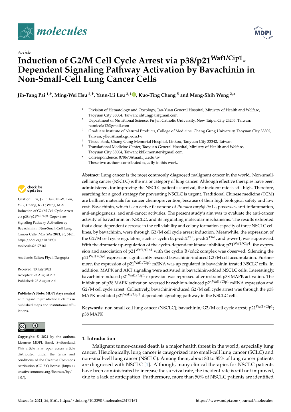 Induction of G2/M Cell Cycle Arrest Via P38/P21waf1/Cip1- Dependent Signaling Pathway Activation by Bavachinin in Non-Small-Cell Lung Cancer Cells