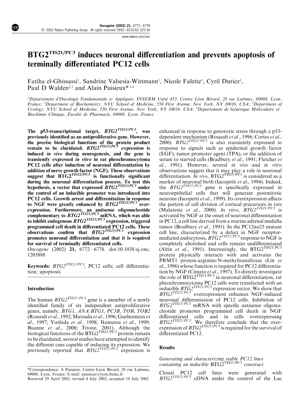 BTG2TIS21/PC3 Induces Neuronal Differentiation and Prevents