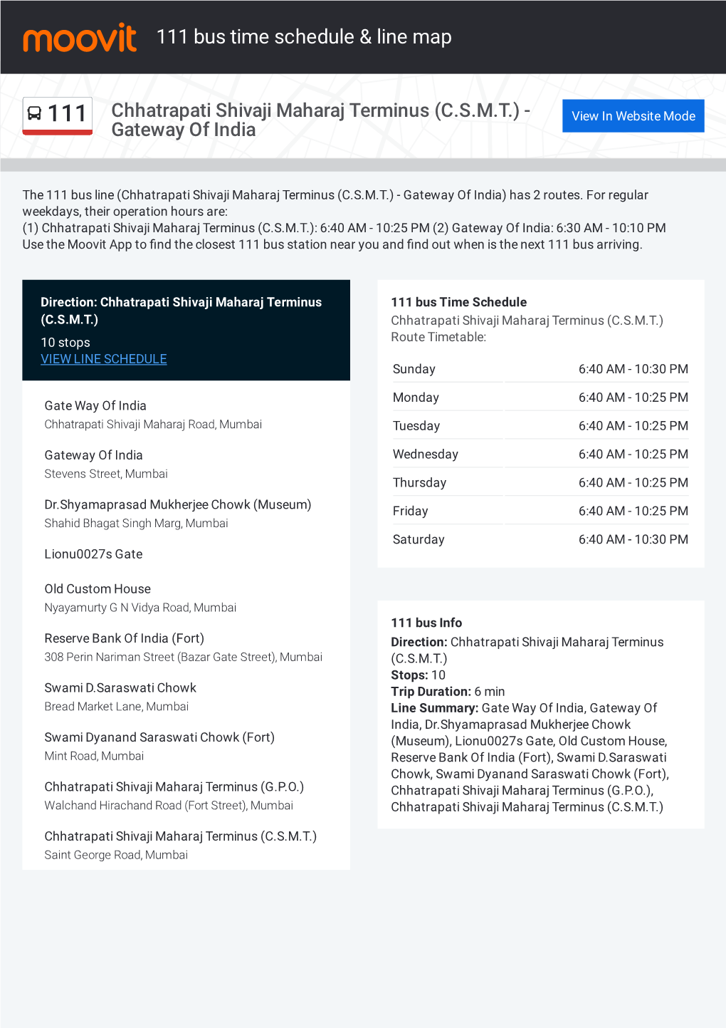 111 Bus Time Schedule & Line Route