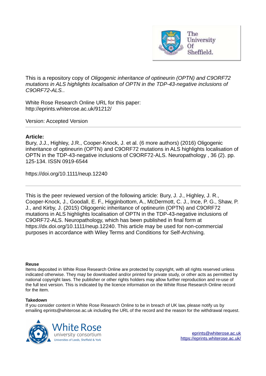 Oligogenic Inheritance of Optineurin (OPTN) and C9ORF72 Mutations in ALS Highlights Localisation of OPTN in the TDP-43-Negative Inclusions of C9ORF72-ALS