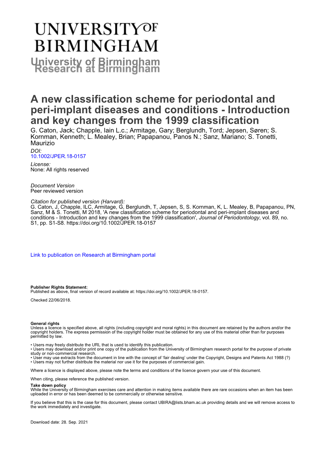 University of Birmingham a New Classification Scheme for Periodontal and Peri-Implant Diseases and Conditions