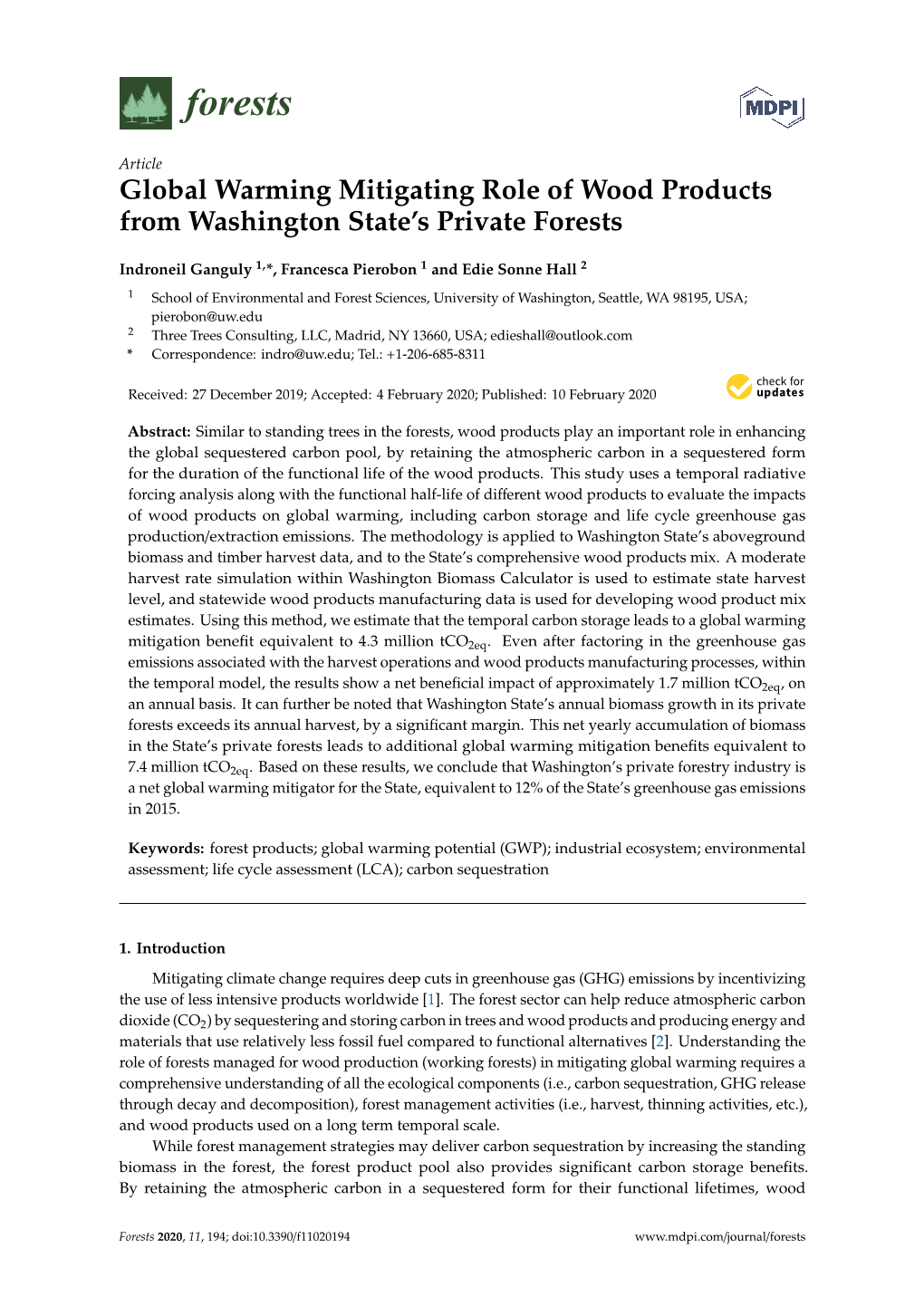 Global Warming Mitigating Role of Wood Products from Washington State’S Private Forests