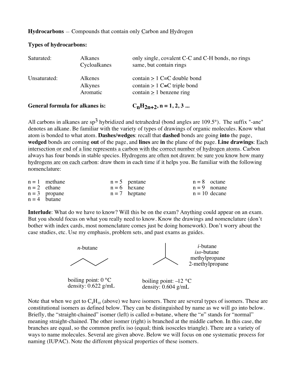 Chem 260 Handout 2013 Hydrocarbons