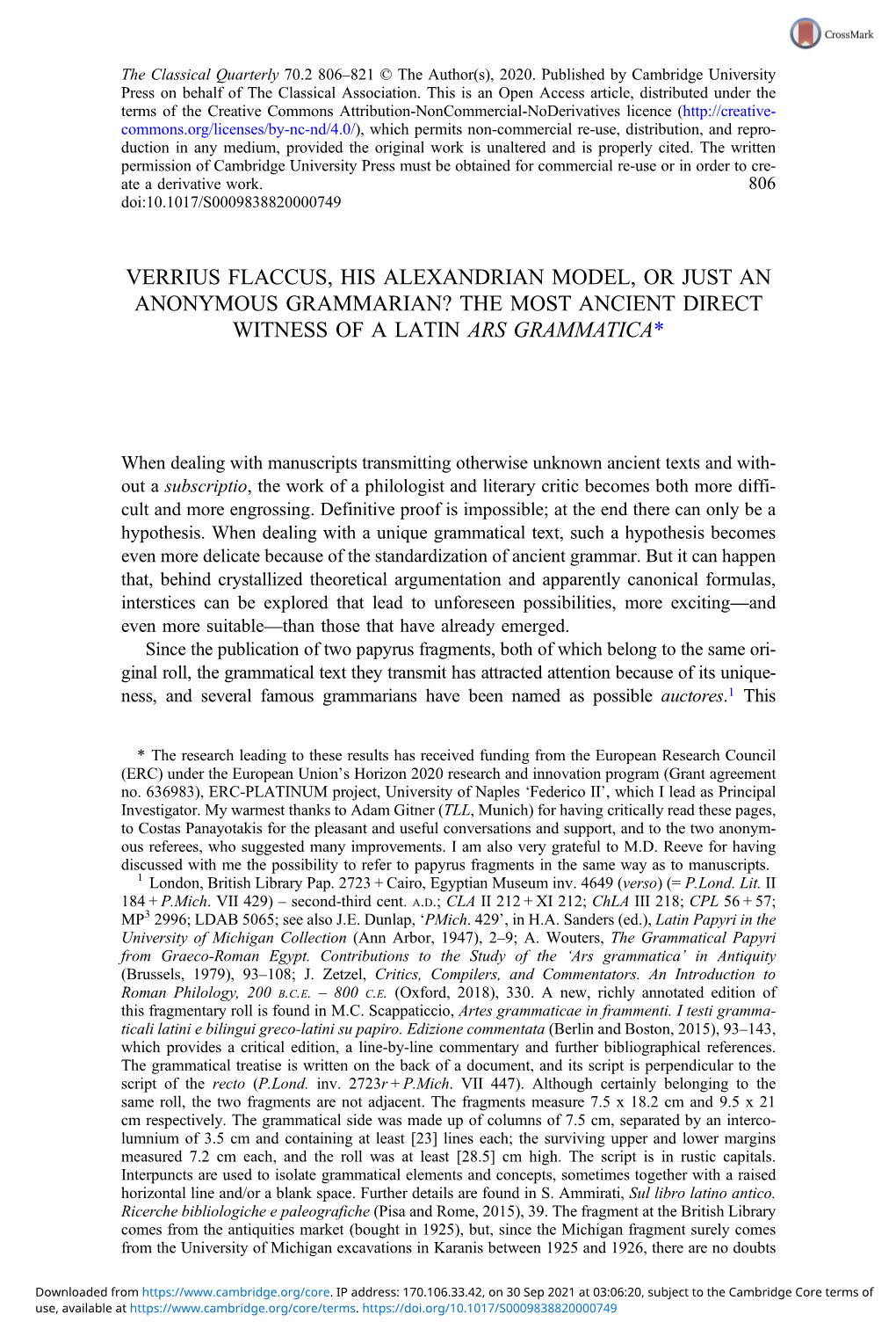 Verrius Flaccus, His Alexandrian Model, Or Just an Anonymous Grammarian? the Most Ancient Direct Witness of a Latin Ars Grammatica*