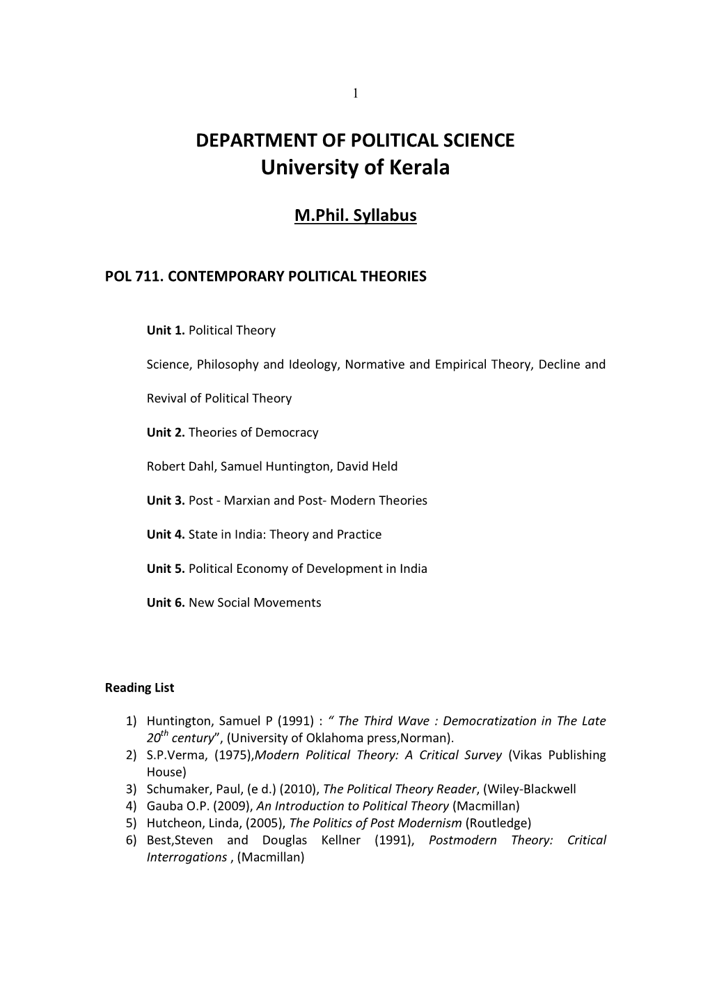 DEPARTMENT of POLITICAL SCIENCE University of Kerala