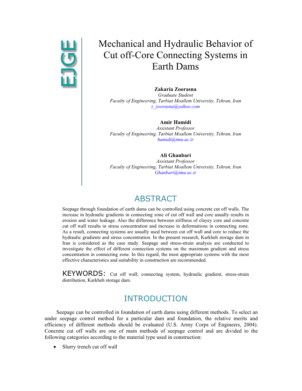 Mechanical and Hydraulic Behavior of Cut Off-Core Connecting Systems in Earth Dams