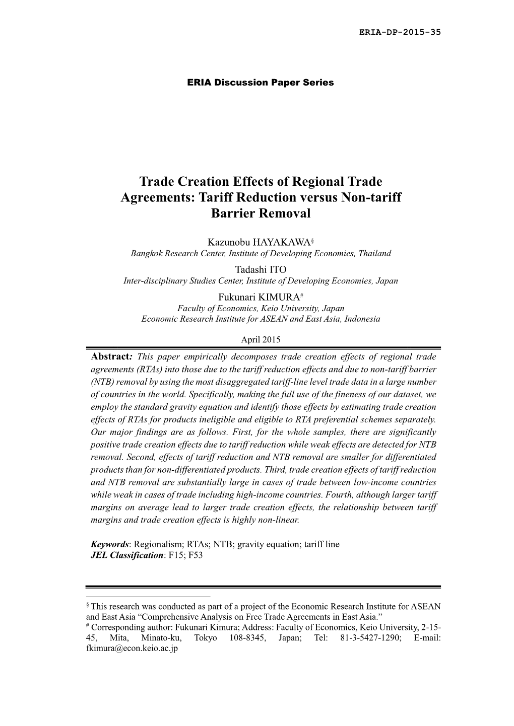 Trade Creation Effects of Regional Trade Agreements: Tariff Reduction