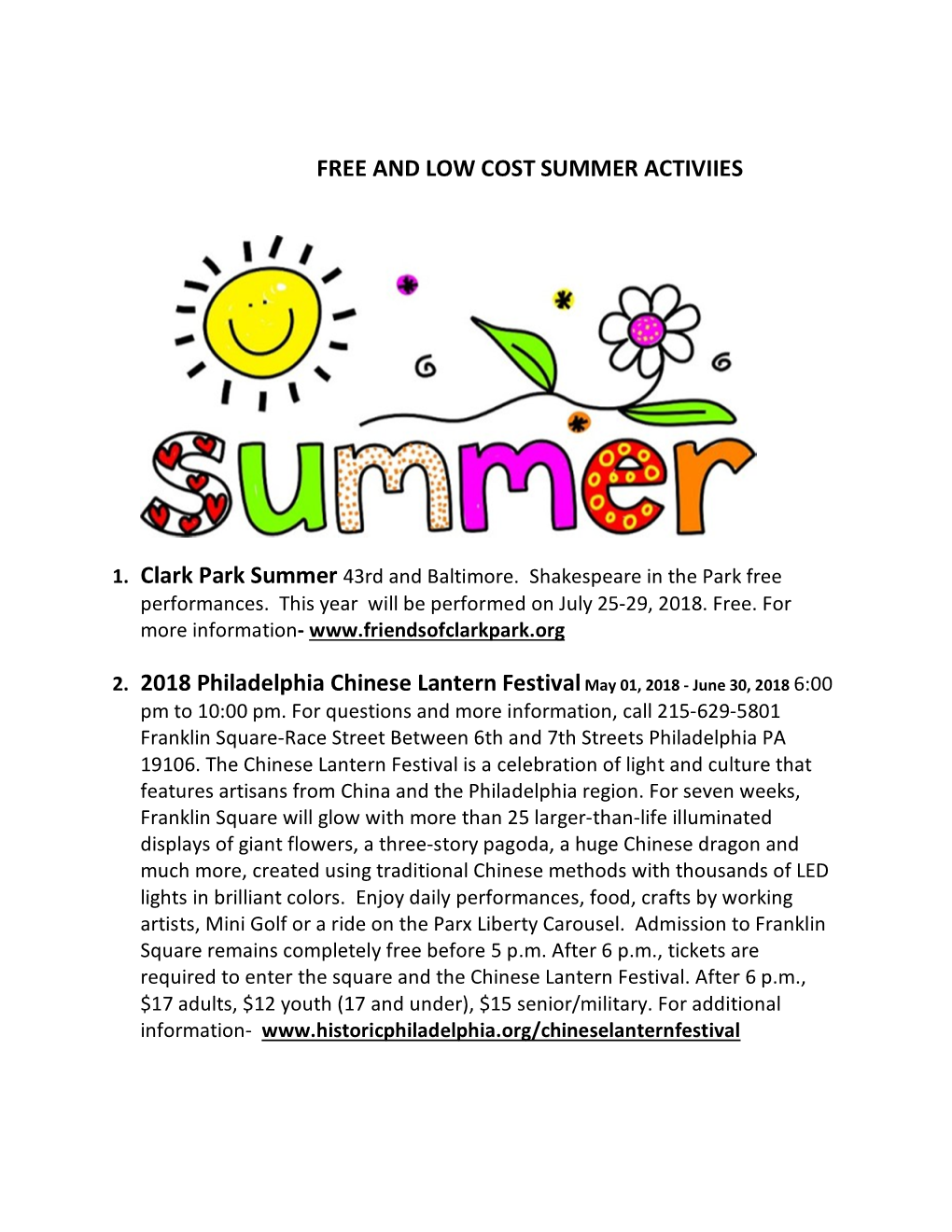 Free and Low Cost Summer Activiies 2. 2018