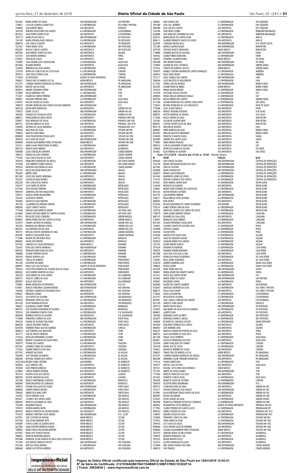 Quinta-Feira, 27 De Dezembro De 2018 Diário Oﬁ Cial Da Cidade De São Paulo São Paulo, 63 (241) – 51