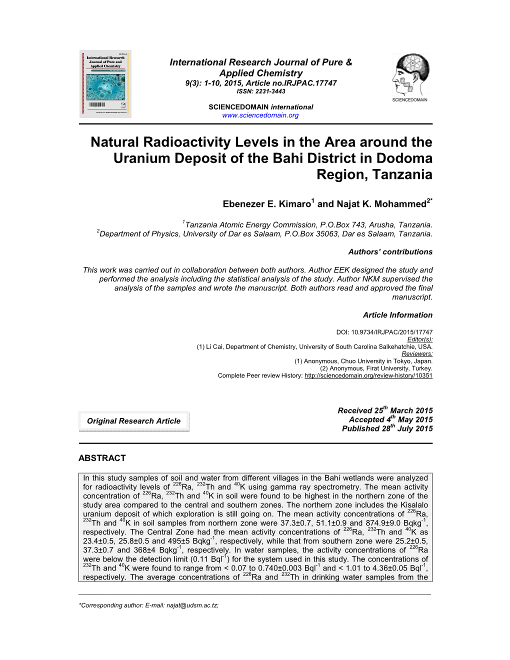 Natural Radioactivity Levels in the Area Around the Uranium Deposit of the Bahi District in Dodoma Region, Tanzania