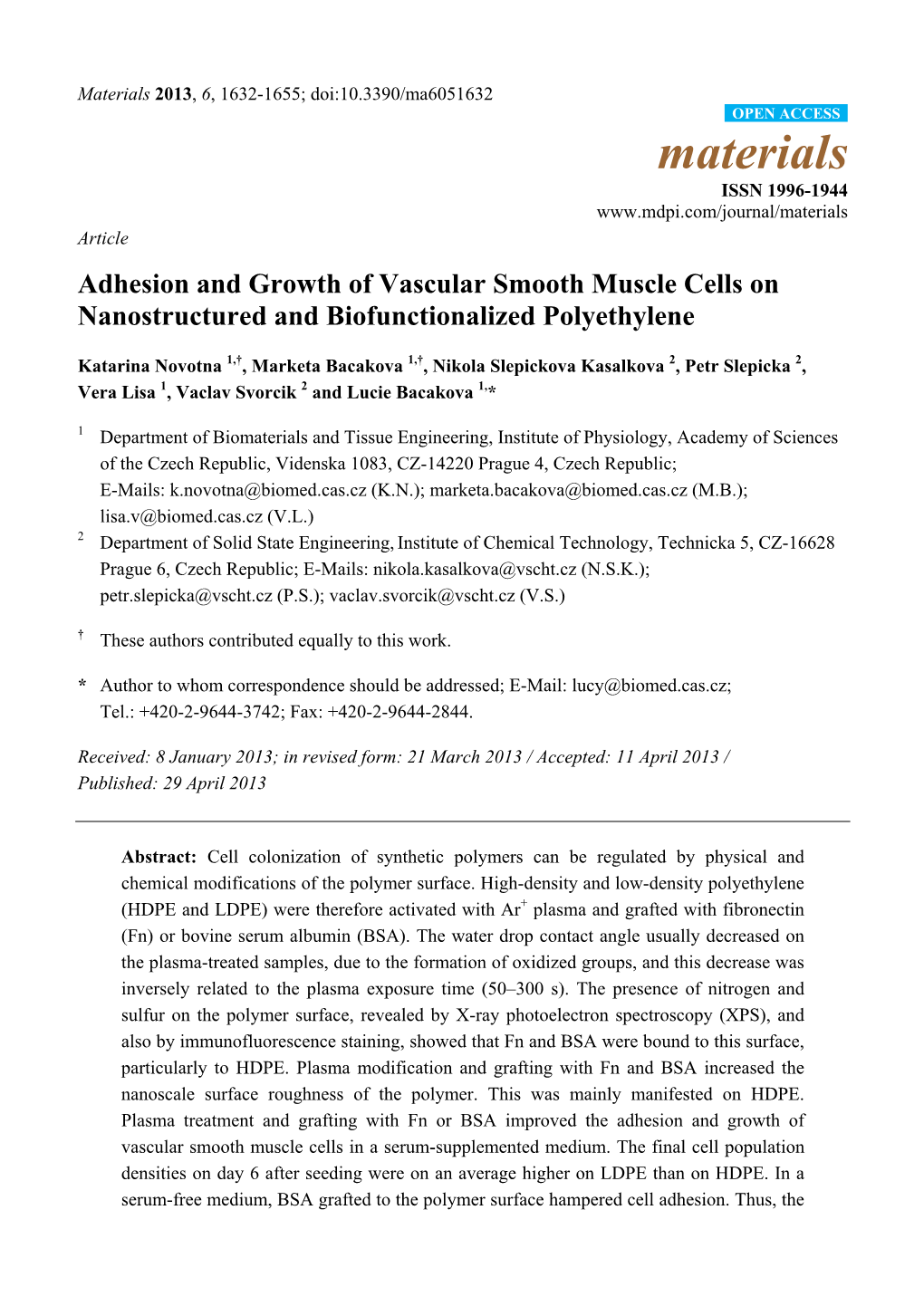 Adhesion and Growth of Vascular Smooth Muscle Cells on Nanostructured and Biofunctionalized Polyethylene