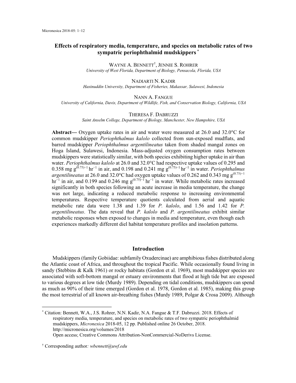 Effects of Respiratory Media, Temperature, and Species on Metabolic Rates of Two Sympatric Periophthalmid Mudskippers *