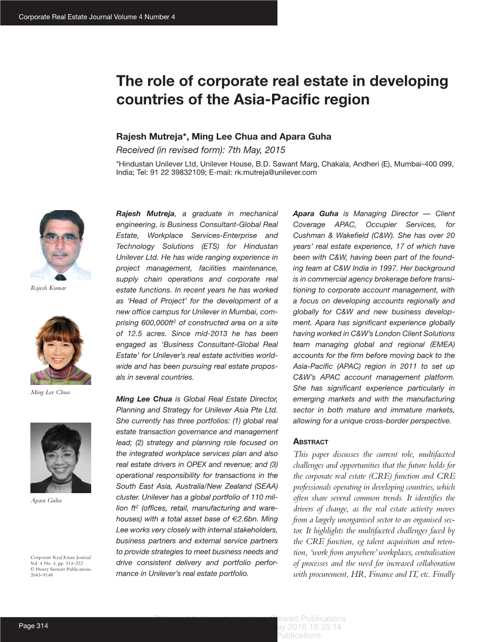 The Role of Corporate Real Estate in Developing Countries of the Asia-Pacific Region