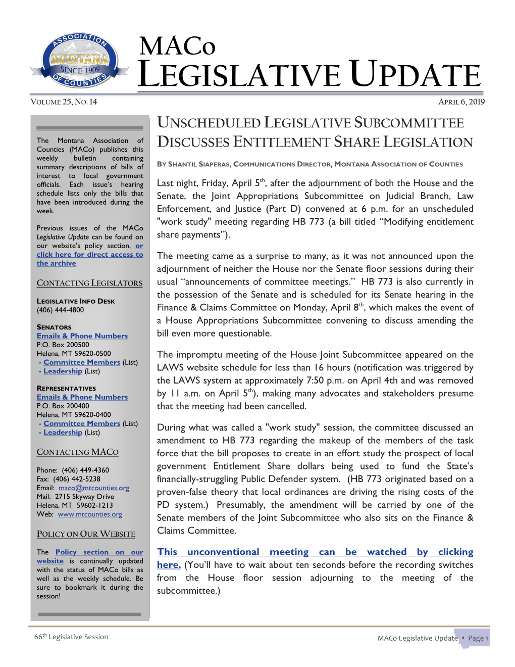 Maco LEGISLATIVE UPDATE VOLUME 25, NO