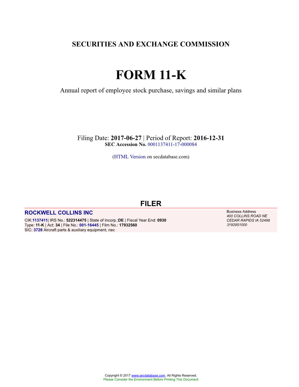 ROCKWELL COLLINS INC Form 11-K Annual Report Filed 2017-06-27