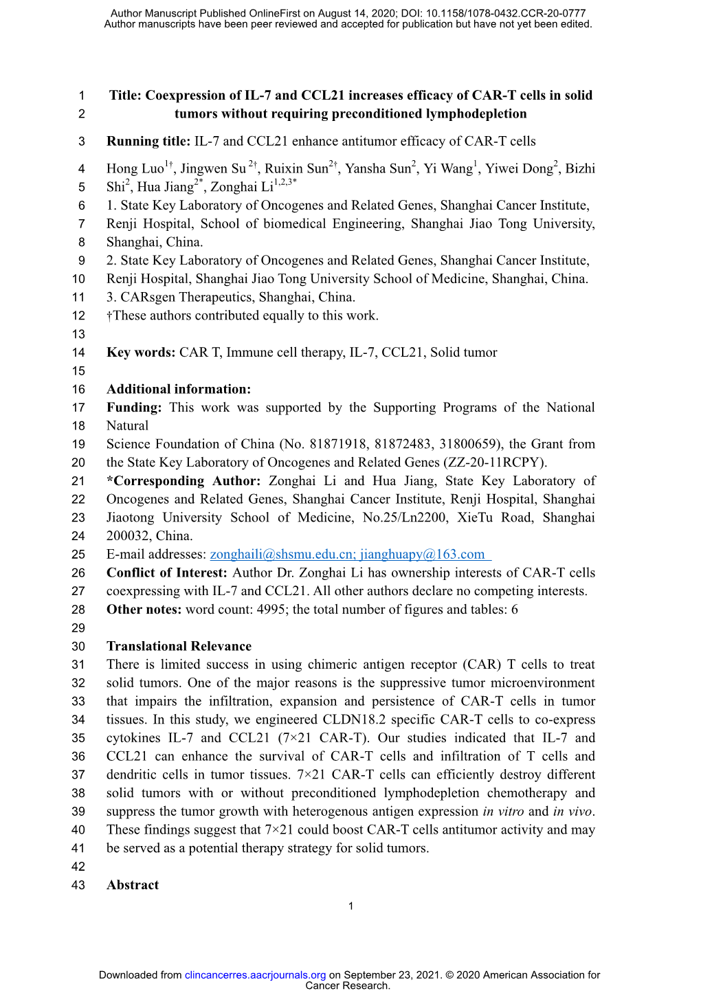 Coexpression of IL-7 and CCL21 Increases Efficacy of CAR-T Cells in Solid 2 Tumors Without Requiring Preconditioned Lymphodepletion