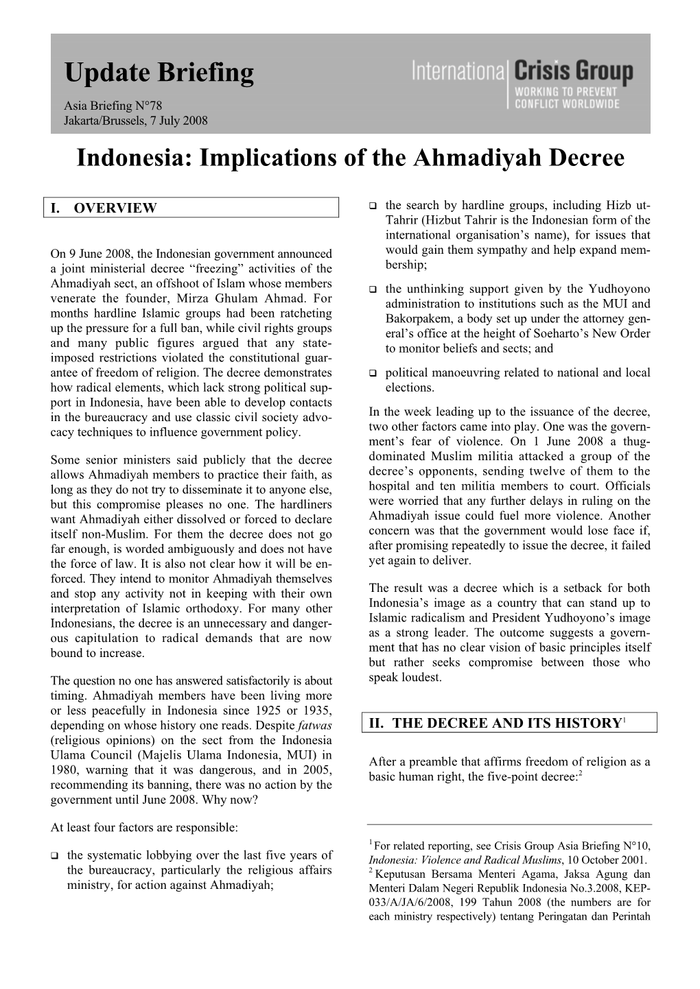 Asia Briefing, Nr. 78: Indonesia