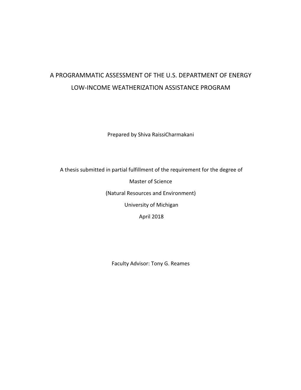 A Programmatic Assessment of the U.S. Department of Energy Low-Income Weatherization Assistance Program