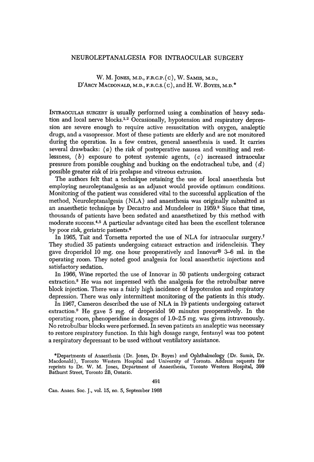 Neuroleptanalgesia for Intraocular Surgery