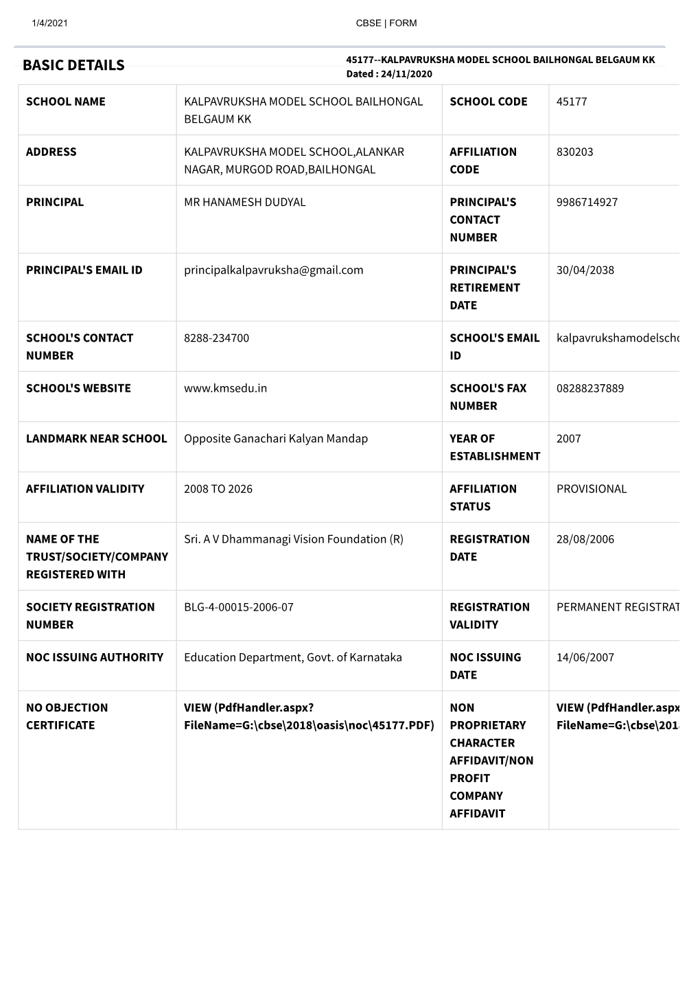 BASIC DETAILS 45177--KALPAVRUKSHA MODEL SCHOOL BAILHONGAL BELGAUM KK Dated : 24/11/2020