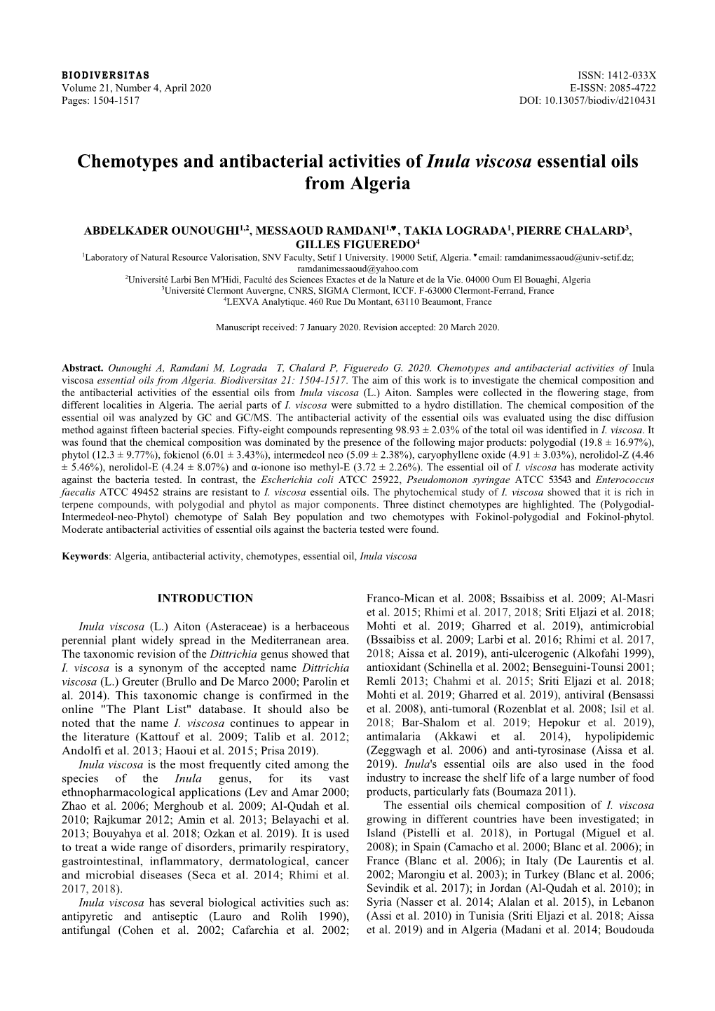 Chemotypes and Antibacterial Activities of Inula Viscosa Essential Oils from Algeria