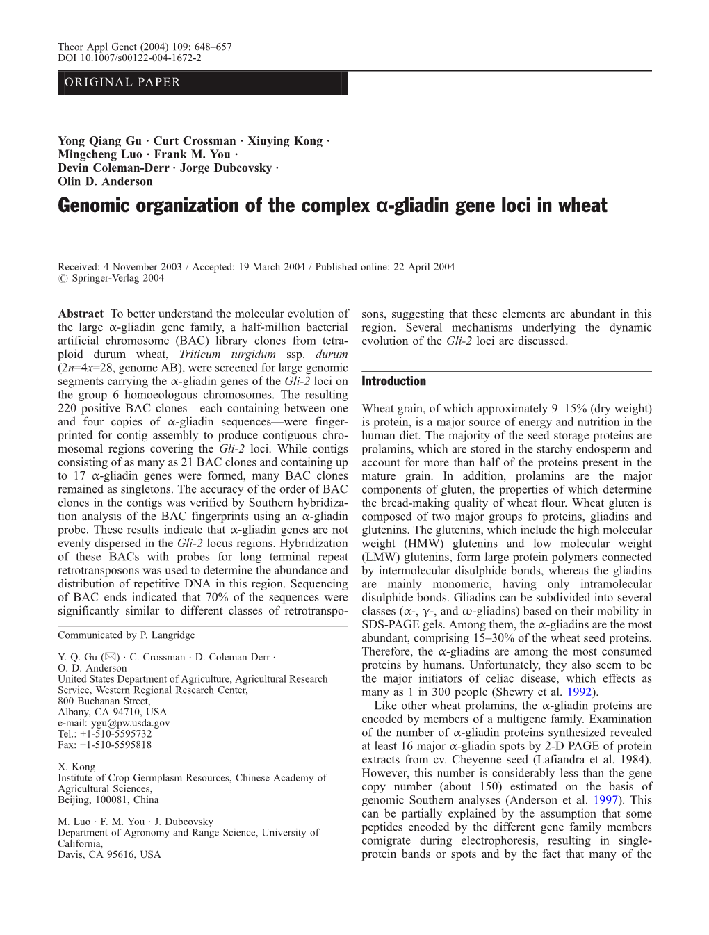 Genomic Organization of the Complex Α-Gliadin Gene Loci in Wheat