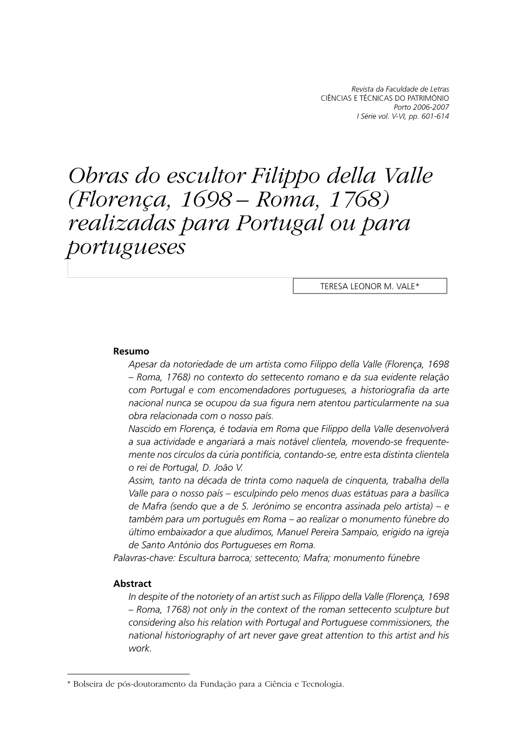 Obras Do Escultor Filippo Della Valle (Florença, 1698 – Roma, 1768) Realizadas Para Portugal Ou Para Portugueses