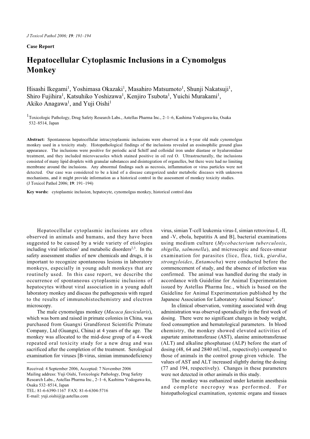 Hepatocellular Cytoplasmic Inclusions in a Cynomolgus Monkey