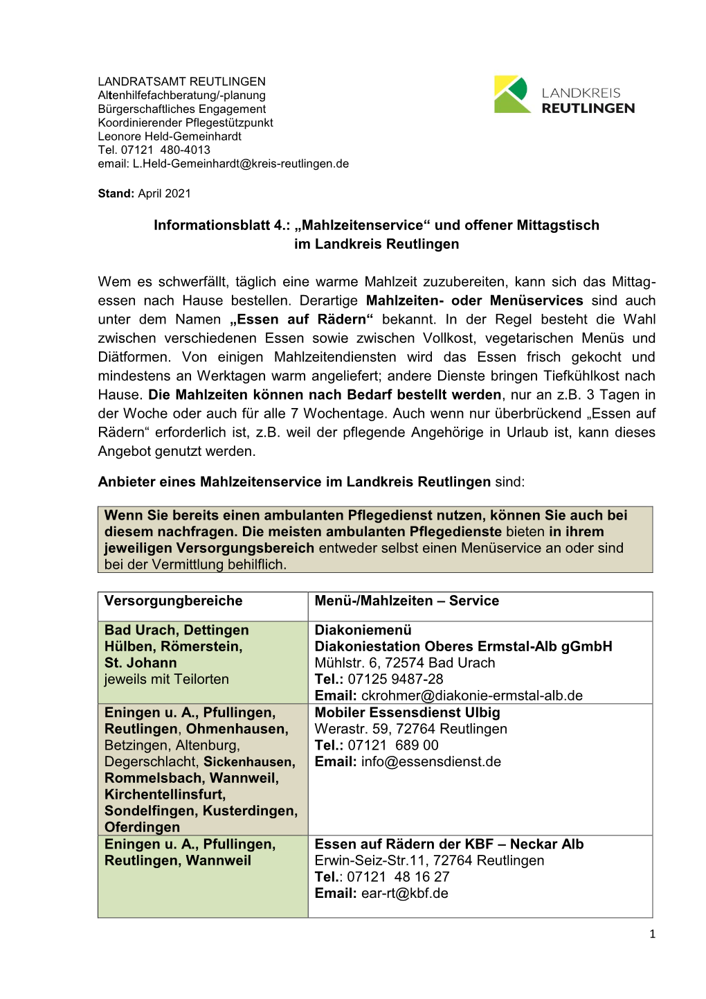 Informationsblatt 4.: „Mahlzeitenservice“ Und Offener Mittagstisch Im Landkreis Reutlingen Wem Es Schwerfällt, Täglich Ei