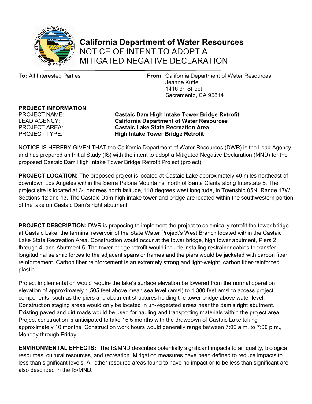 Notice of Intent for Castaic Dam High Intake Tower Bridge Retrofit