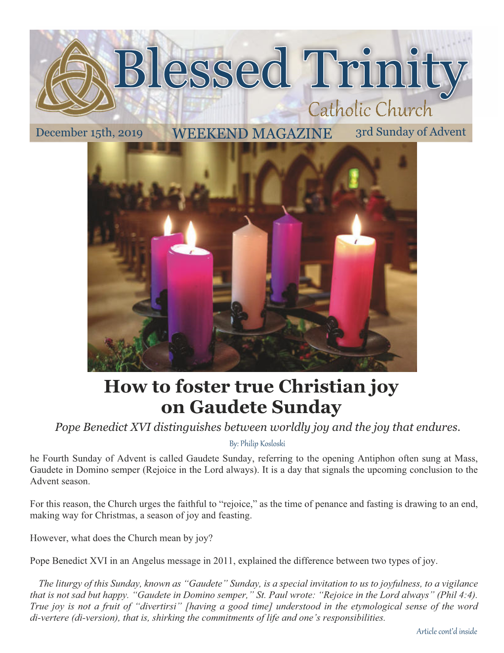 Catholic Church December 15Th, 2019 WEEKEND MAGAZINE 3Rd Sunday of Advent