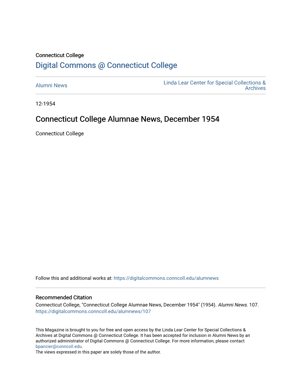 Connecticut College Alumnae News, December 1954